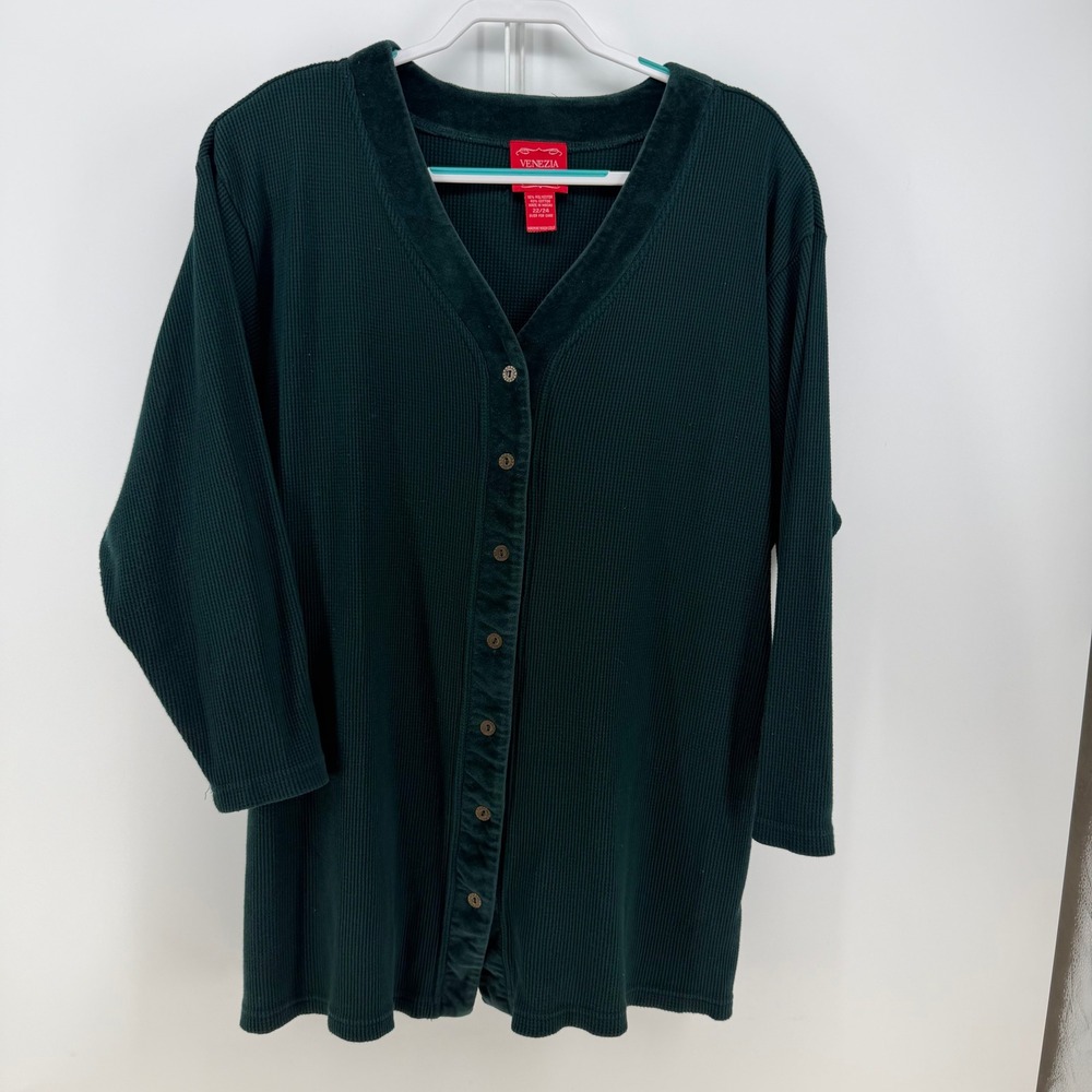 Venezia Jeans Cardigan Womens 22/24 Green Waffle Knit Velvet Trim Office Goblin